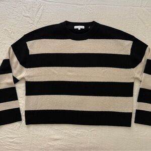 White + Warren Black and Cream Striped Cashmere Sweater